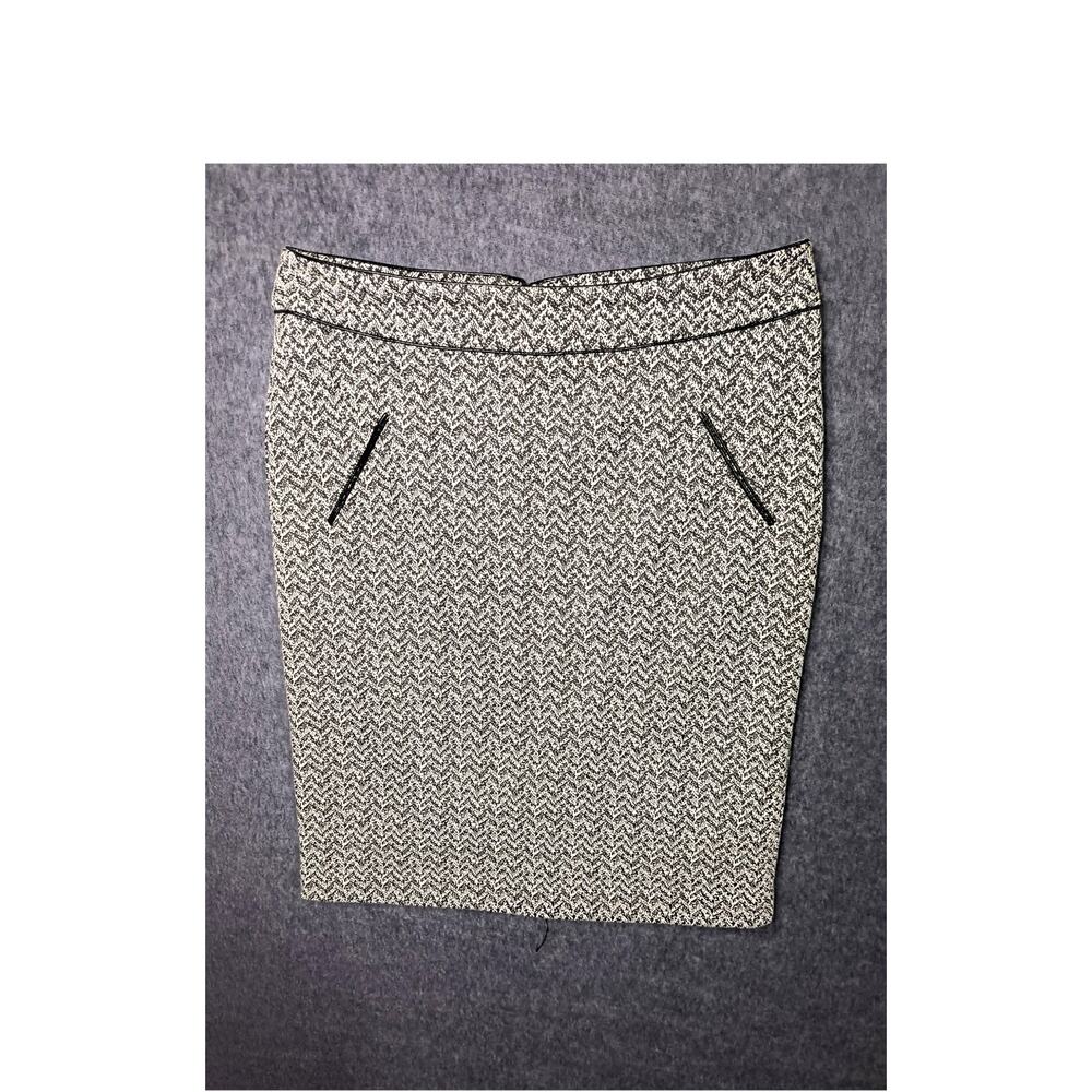 Susan Bristol Knee-length Pencil Skirt, Black/White, Black Leather Piping Detail